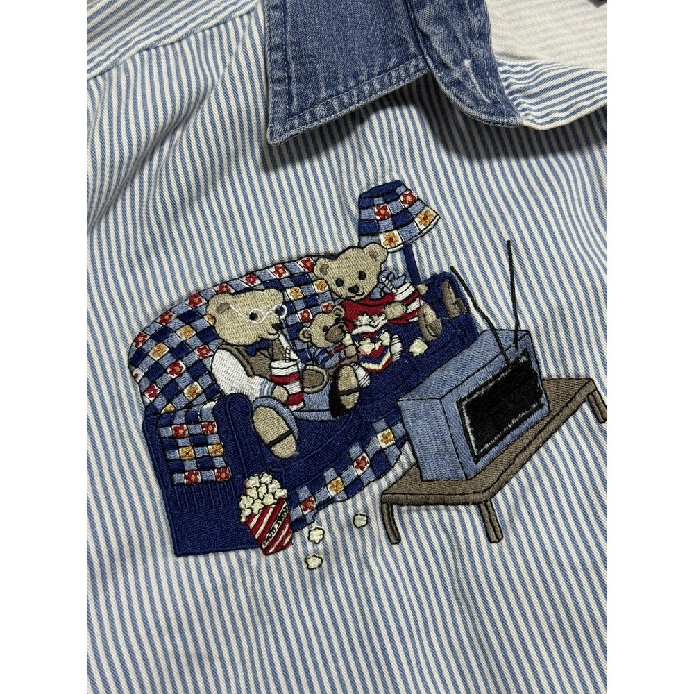 Vintage Quizz New York Shirt Womens 20 Blue White Stripe Embroidered Bears Denim - Picture 3 of 10